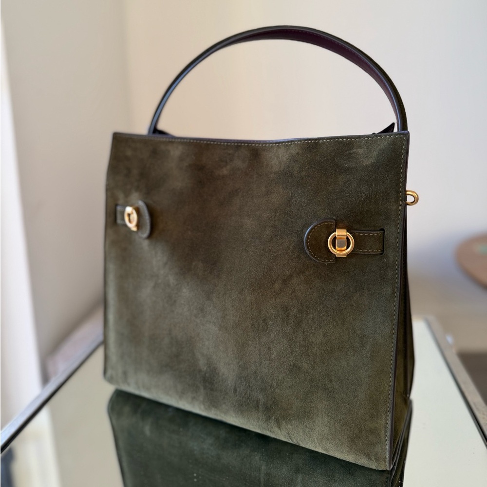 Tory Burch Large Lee Radziwill Olive Green Suede Satchel with Burgundy Trim - Picture 11 of 12